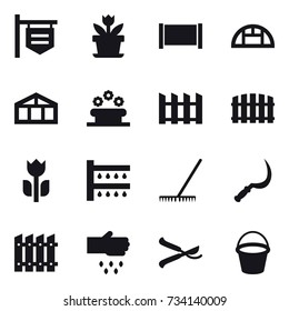 16 vector icon set : shop signboard, flower, fence, greenhouse, flower bed, watering, rake, sickle, sow, pruner, bucket