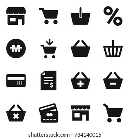 16 vector icon set : shop, cart, basket, percent, crypto currency, add to cart, credit card, account balance, add to basket, remove from basket, delete cart