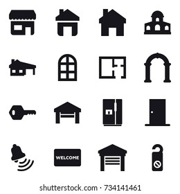 16 vector icon set : shop, home, mansion, house with garage, arch window, plan, arch, key, garage, fridge, door, bell, welcome mat, do not distrub