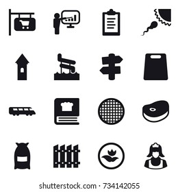 16 vector icon set : shop signboard, presentation, clipboard, tower, aquapark, signpost, cutting board, flour, fence, ecology, cleaner