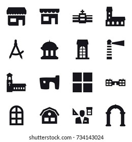 16 vector icon set : shop, mansion, draw compass, goverment house, building, lighthouse, church, slum, window, school, arch window, house, architector, arch