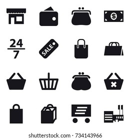 16 vector icon set : shop, wallet, purse, money, 24/7, sale, shopping bag, basket, delete cart, delivery, mall