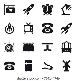 16 vector icon set : shop signboard, rocket, alarm clock, table lamp, tv, disco ball, curtain, table, dresser, phone, fridge, walnut crack, windmill