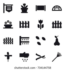 16 vector icon set : shop signboard, flower, fence, greenhouse, flower bed, watering, seeds, pear, scarecrow, sow, pruner, rake