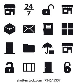 16 vector icon set : shop, 24/7, unlock, box, mail, copybook, window, door, unlocked