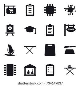 16 vector icon set : shop signboard, clipboard, chip, presentation, graduate hat, store signboard, windsurfing, iron board, cutting board, utility room, clipboard list