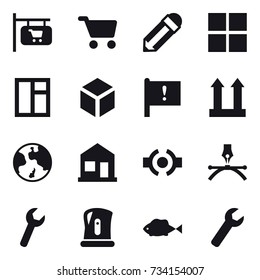 16 vector icon set : shop signboard, cart, pencil, window, 3d, earth, home, kettle, wrench