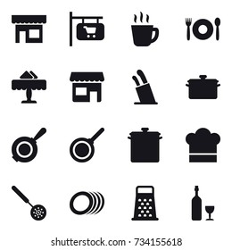 16 vector icon set : shop, shop signboard, hot drink, cafe, restaurant, stands for knives, pan, cook hat, skimmer, wine