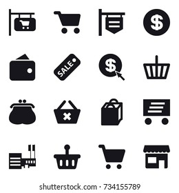 16 vector icon set : shop signboard, cart, dollar, wallet, sale, dollar arrow, basket, purse, delete cart, shopping bag, delivery, mall, shop