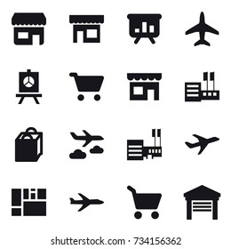 16 vector icon set : shop, presentation, plane, cart, store, shopping bag, journey, mall, garage