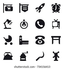 16 vector icon set : shop signboard, rocket, alarm clock, table lamp, phone, tv, baby stroller, church, stool, kettle, hand mill, sickle, windmill
