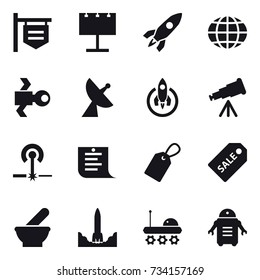 16 vector icon set : shop signboard, billboard, rocket, globe, satellite, satellite antenna, telescope, laser, shopping list, label, sale label