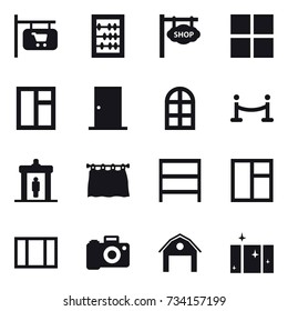 16 vector icon set : shop signboard, abacus, window, door, arch window, vip fence, detector, curtain, rack, barn, clean  window