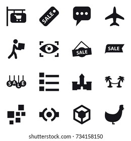 16 vector icon set : shop signboard, sale, message, plane, courier, eye identity, list, castle, palm hammock, chicken