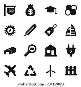 16 vector icon set : shop signboard, money bag, graduate hat, atom core, sun power, skyscraper, warehouse, home, windmill, grain elevator