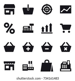 16 vector icon set : shop, basket, target, statistic, percent, cashbox, graph up, cart, add to basket, remove from basket, delete cart, store, shopping bag