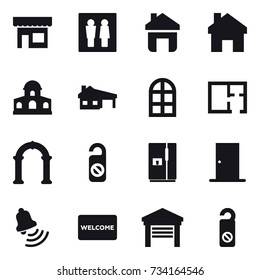 16 vector icon set : shop, wc, home, mansion, house with garage, arch window, plan, arch, do not distrub, fridge, door, bell, welcome mat, garage