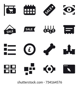 16 vector icon set : shop signboard, calendar, sale, eye identity, atm receipt, list, info, castle, panel house