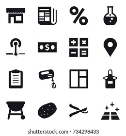 16 vector icon set : shop, newspaper, percent, round flask, laser, money, calculator, mixer, window, apron, pruner, clean floor
