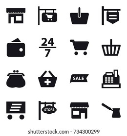 16 vector icon set : shop, shop signboard, basket, wallet, 24/7, cart, purse, add to basket, sale, cashbox, delivery, store signboard