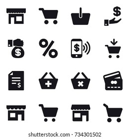 16 vector icon set : shop, cart, basket, investment, money gift, percent, phone pay, add to cart, account balance, add to basket, delete cart, credit card