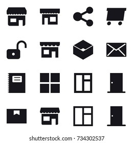 16 vector icon set : shop, share, delivery, unlock, box, mail, copybook, window, door
