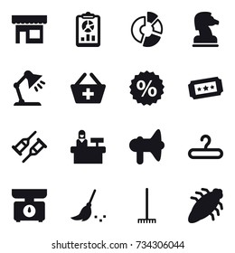 16 vector icon set : shop, report, circle diagram, chess horse, table lamp, add to basket, percent, ticket, reception, loudspeaker, hanger, kitchen scales, broom, rake, bug