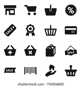 16 vector icon set : shop, cart, basket, percent, sale, medal, credit card, add to basket, delete cart, shopping bag, barcode, real estate