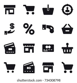 16 vector icon set : shop, cart, basket, target audience, investment, percent, hand coin, remove from basket, credit card