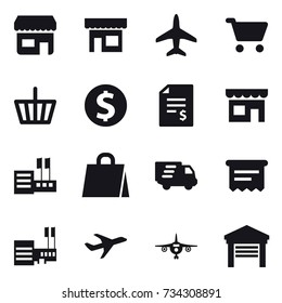 16 vector icon set : shop, plane, cart, basket, dollar coin, account balance, store, shopping bag, delivery, atm receipt, mall, garage