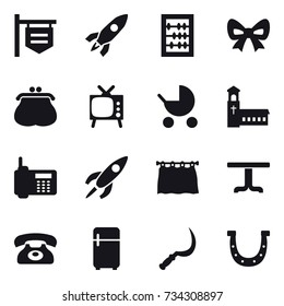 16 vector icon set : shop signboard, rocket, abacus, bow, purse, tv, baby stroller, church, curtain, table, phone, fridge, sickle, horseshoe