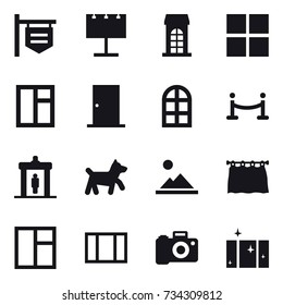 16 vector icon set : shop signboard, billboard, building, window, door, arch window, vip fence, detector, dog, landscape, curtain, clean  window