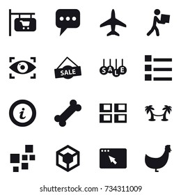 16 vector icon set : shop signboard, message, plane, courier, eye identity, sale, list, info, panel house, palm hammock, chicken
