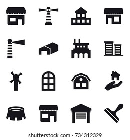 16 vector icon set : shop, lighthouse, cottage, warehouse, factory, district, windmill, arch window, house, real estate, stadium, garage, scraper
