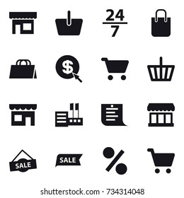 16 vector icon set : shop, basket, 24/7, shopping bag, dollar arrow, cart, store, shopping list, market, sale, percent