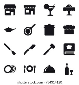 16 vector icon set : shop, cocktail, restaurant, pan, chef  hat, spatula, chef knife, meat hammer, wine