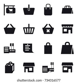 16 vector icon set : shop signboard, basket, shopping bag, delete cart, shop, store, shopping list, mall