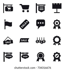 16 vector icon set : shop signboard, cart, billboard, flag, sale, message, medal, store signboard