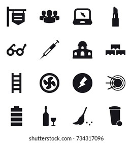 16 vector icon set : shop signboard, group, notebook, lipstick, mansion, block wall, stairs, cooler fan, electricity, wine, broom, trash bin