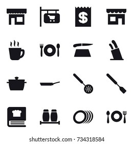 16 vector icon set : shop, shop signboard, receipt, hot drink, cafe, cutting board, stands for knives, pan, skimmer, spatula