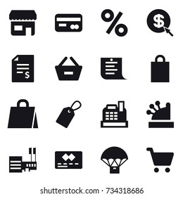 16 vector icon set : shop, card, percent, dollar arrow, account balance, remove from basket, shopping list, shopping bag, label, cashbox, mall