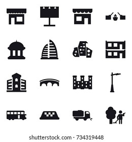 16 vector icon set : shop, billboard, drawbridge, goverment house, skyscraper, modern architecture, modular house, building, bridge, palace, outdoor light, bus, taxi, sweeper, garden cleaning