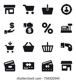 16 vector icon set : shop, cart, basket, target audience, investment, money gift, percent, cashbox, add to cart, hand coin, credit card