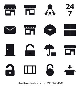 16 vector icon set : shop, share, 24/7, mail, box, window, door, unlock, unlocked, package
