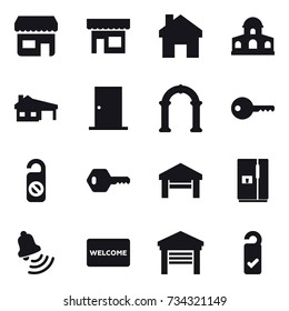 16 vector icon set : shop, home, mansion, house with garage, door, arch, key, do not distrub, garage, fridge, bell, welcome mat, please clean