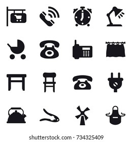 16 vector icon set : shop signboard, call, alarm clock, table lamp, baby stroller, curtain, stool, chair, phone, kettle, walnut crack, windmill, apron