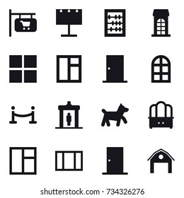 16 vector icon set : shop signboard, billboard, abacus, building, window, door, arch window, vip fence, detector, dog, dresser, barn