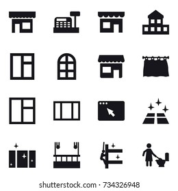 16 vector icon set : shop, cashbox, cottage, window, arch window, curtain, clean floor, clean  window, skyscapers cleaning, skyscrapers cleaning, toilet cleaning