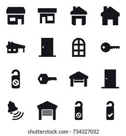 16 vector icon set : shop, home, house with garage, door, arch window, key, do not distrub, garage, bell, please clean