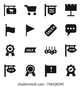 16 vector icon set : shop signboard, cart, billboard, flag, sale, message, medal, store signboard